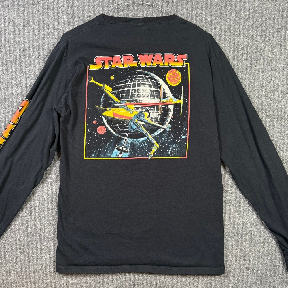 Star Wars Graphic Tee Mens Small Black Long Sleeve X-Wing Death Star Fifth Sun